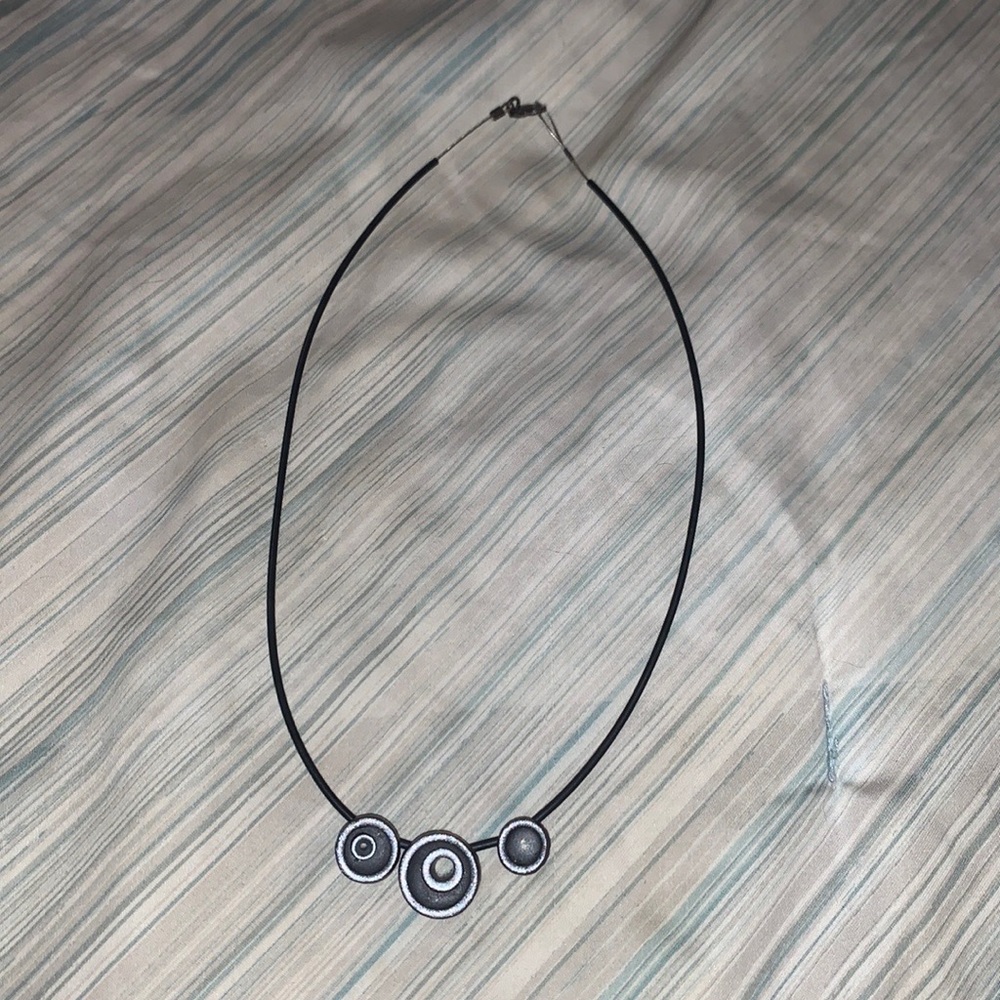 Handcrafted black and silver polymer clay punk influenced necklace on wire